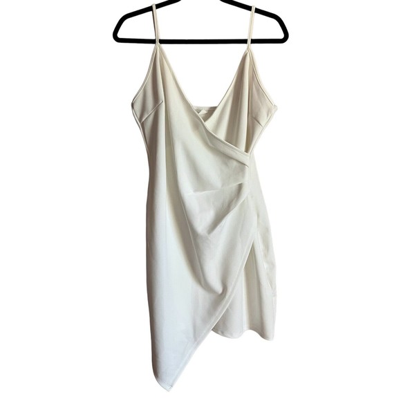 White Bodycon Dress Mini Surplice Spaghetti Strap Size L Large Asymmetrical Hem - Picture 3 of 12